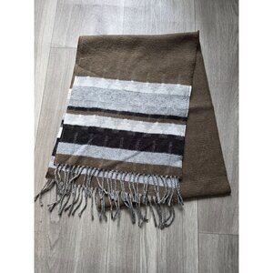 Guillaume De Mons Paris Brown Gray Striped Wool Scarf Shawl  Fringe 62"x12"